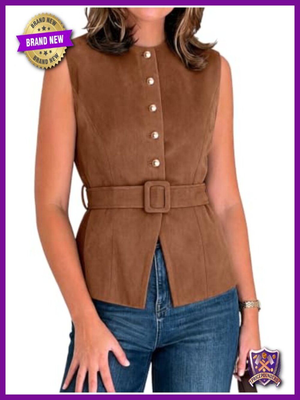 Suede Button Down Vest Fitted Tank Top With Belt